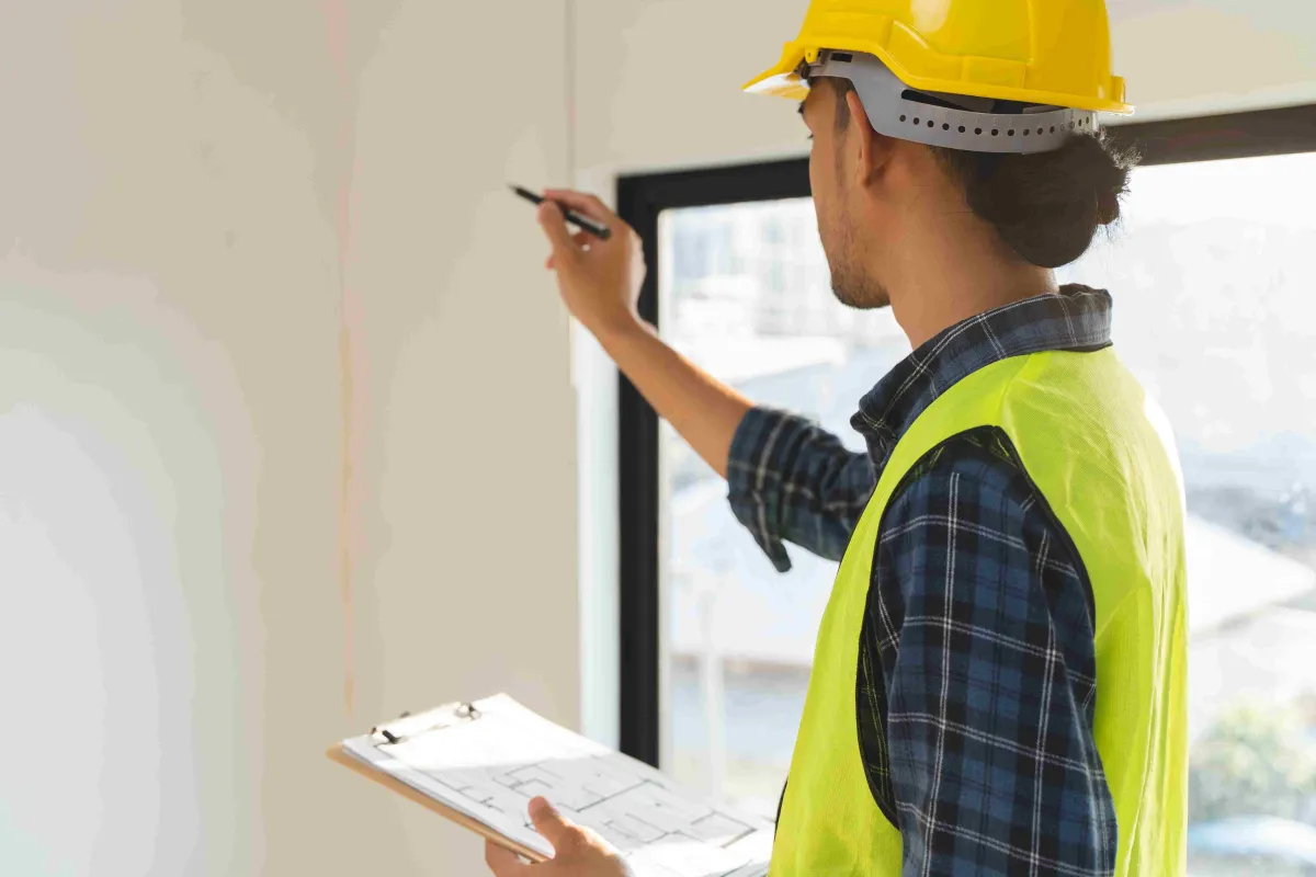 Construction worker wearing yellow hard hat and high-visibility vest inspecting drywall with clipboard and pen, representing quality assurance and warranty inspection on a job site.