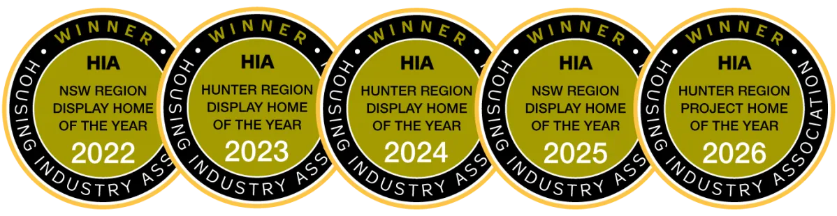 Five consecutive HIA Housing Industry Association award badges from 2022 to 2026, each featuring a gold and black circular seal design. The badges display 