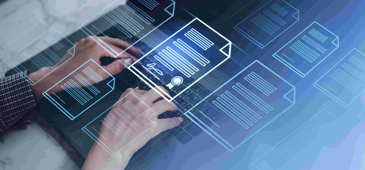 Person's hands interacting with holographic digital documents and data files displayed on a transparent surface, with a magnifying glass icon visible on the central highlighted document, representing quality assurance and data verification in a technology environment.