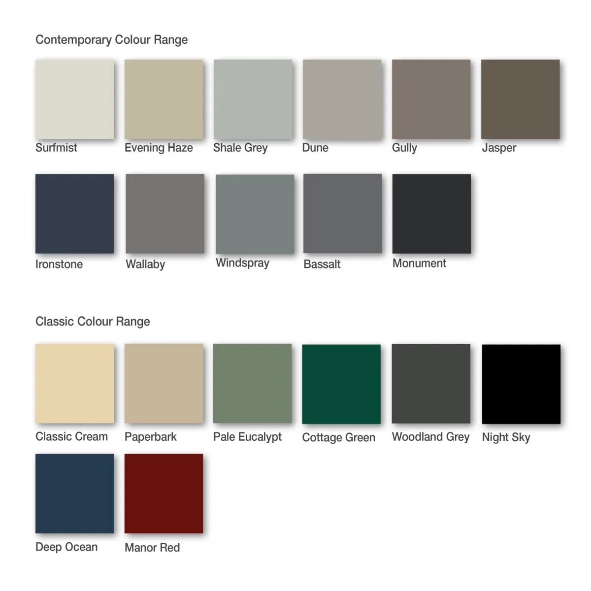 Colorbond colour swatches