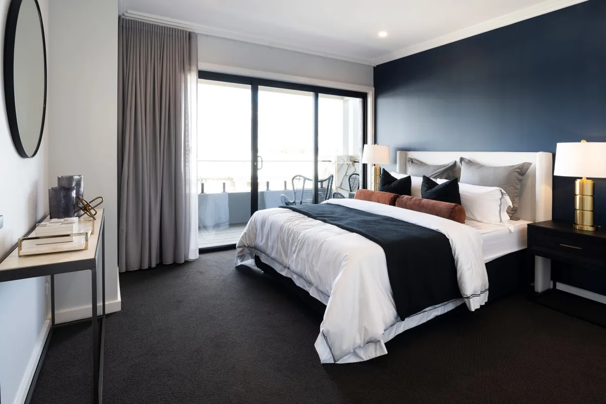 modern bedroom design with navy colour scheme