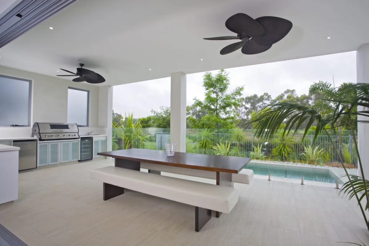 Covered outdoor entertaining area with fans