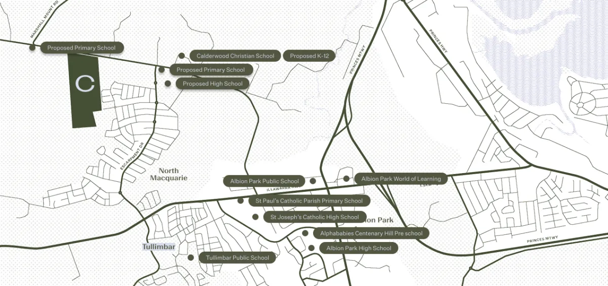 Map showing Cascadia Estate location in North Macquarie with a green highlighted property outline marked 