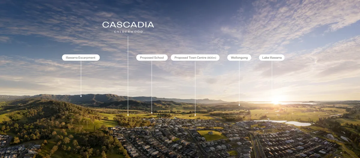 Aerial view of Cascadia estate in Calderwood showing labeled nearby locations including Illawarra Escarpment, Proposed School, Proposed Town Centre, Wollongong, and Lake Illawarra, with residential development visible in foreground and green valleys and mountains in background at sunset.