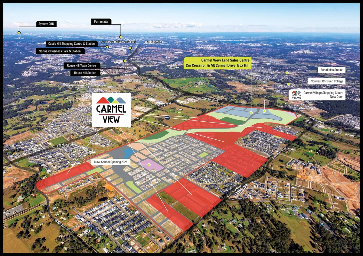Aerial map of Carmel View development in Box Hill, showing the land sales center location at the corner of Crosston and Mount Carmel Drive, with colored sections indicating different land zones, nearby landmarks including Carmel Village Shopping Centre and Schofields Station, and surrounding suburbs with transport links to Sydney CBD and Parramatta.
