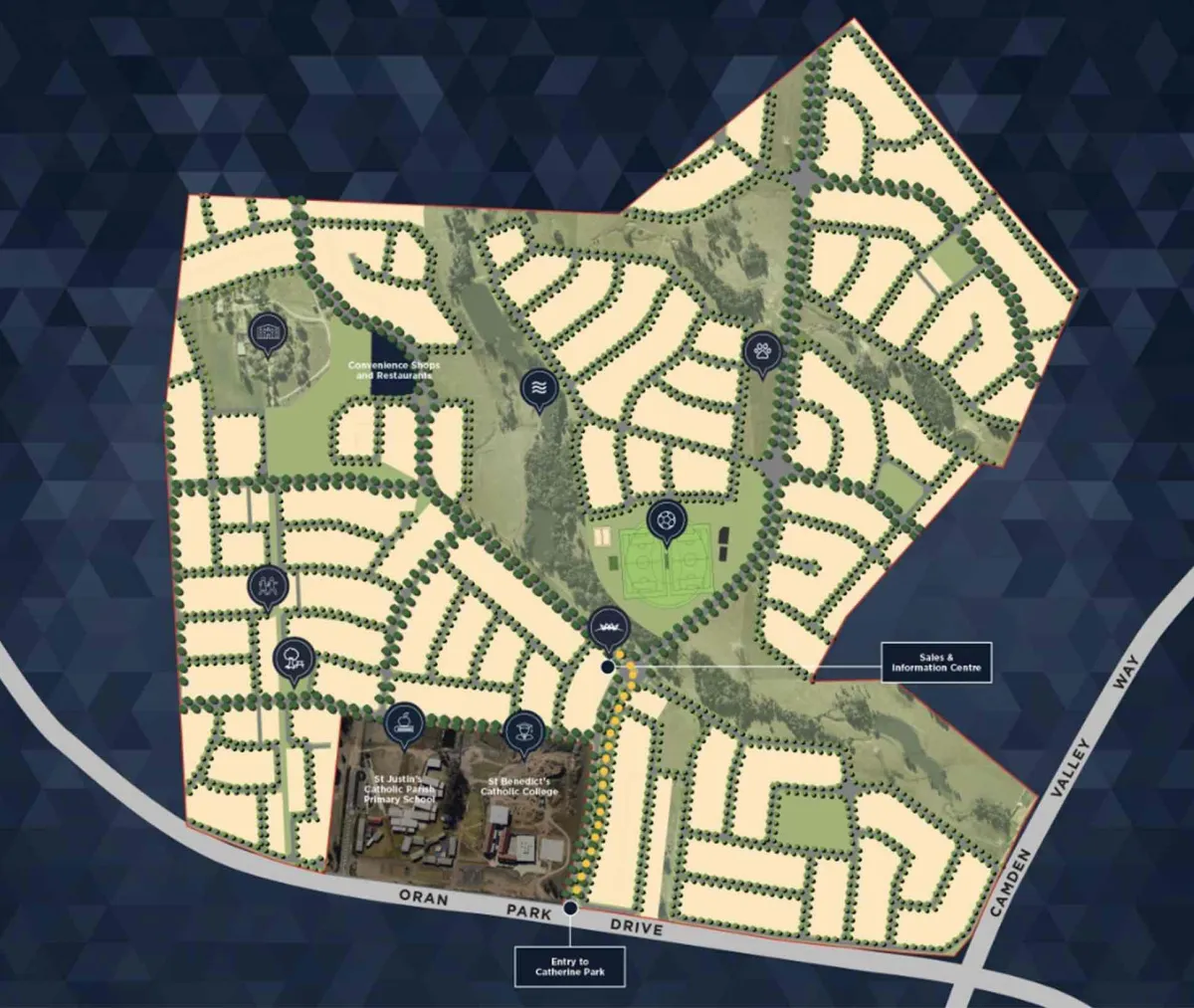 Catherine Park Estate Oran Park masterplan showing residential layout with cream-colored housing blocks separated by green tree-lined streets, amenity icons marking convenience shops, restaurants, parks, and schools throughout the estate, with St Justin's and St Benedict's Catholic institutions at the southern boundary along Oran Park Drive.