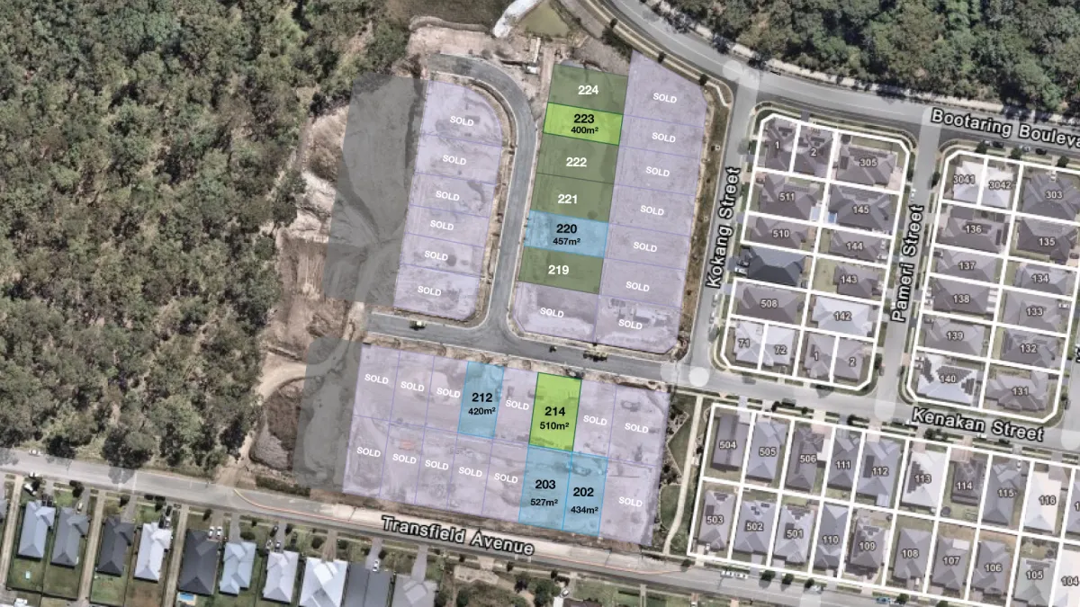 Aerial view of Edgeworth residential development showing property lots with color-coded availability status. Left section displays multiple sold lots (purple) with several available lots highlighted in green (lots 214, 223) and blue (lots 202, 203, 212, 220). Right section shows completed residential streets with numbered properties. Development bordered by Transfield Avenue, Kookaburra Street, and Bootaring Boulevard, with bushland visible on the left side