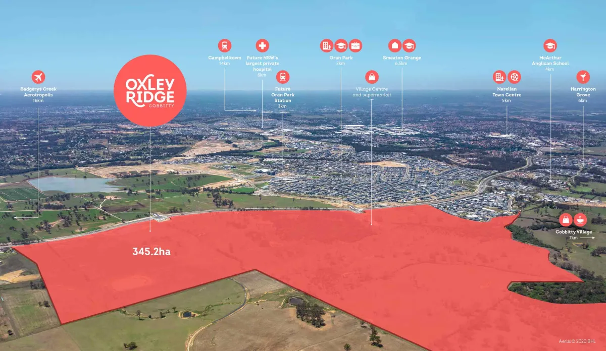 Aerial view of Oxley Ridge Estate in Cobbitty showing a 345.2-hectare property highlighted in red, with labeled distances to nearby landmarks including Campbelltown, Oran Park, Narellan Town Centre, and other local amenities and transport hubs.
