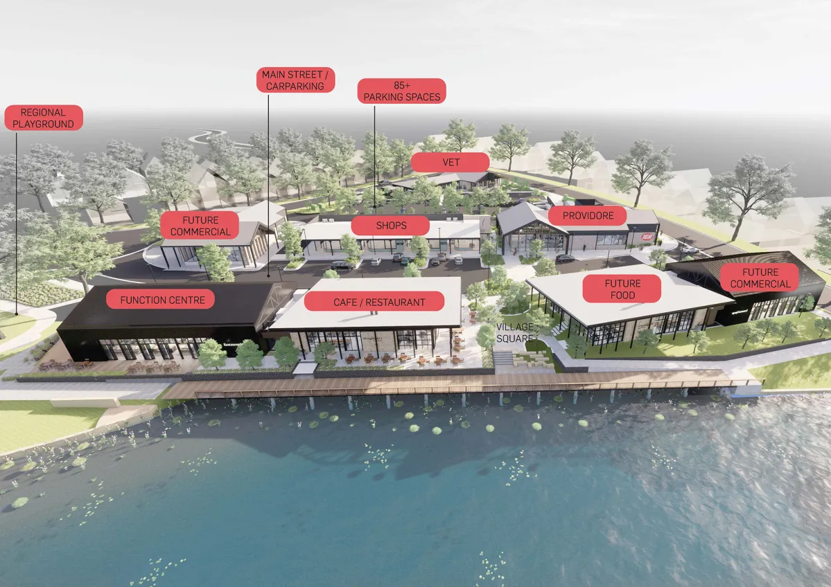 Red Bank Village masterplan showing aerial view of riverside development with labeled facilities including function centre, shops, cafe/restaurant, vet, providore, future commercial and food spaces, village square, main street with carparking, 85+ parking spaces, and regional playground, bordered by water and landscaped grounds.