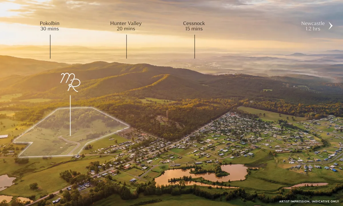 Aerial view of Millfield Rise Estate location showing the residential development outlined in white on rolling green landscape with forested hills. Location markers indicate Pokolbin 30 mins, Hunter Valley 20 mins, Cessnock 15 mins, and Newcastle 1.2 hrs away. Artist impression, indicative only.