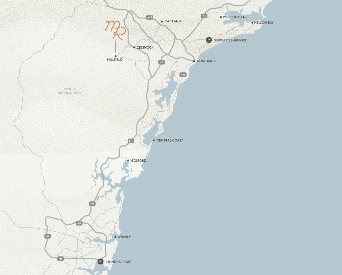 Map of New South Wales showing Millfield Rise Estate location marked with orange pin near Millfield, northwest of Newcastle, with nearby towns including Cessnock, Maitland, Port Stephens, Newcastle Airport, Central Coast, Gosford, Sydney, and Sydney Airport labeled.