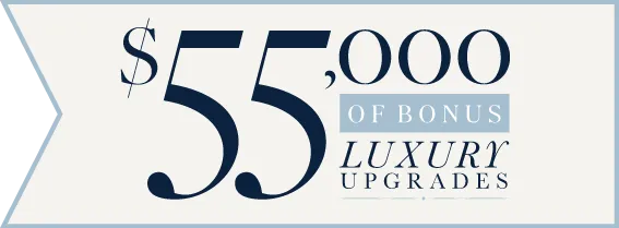 Promotional banner advertising $55,000 of bonus luxury upgrades, featuring large navy text on a light background with a sapphire blue ribbon accent on the left side.