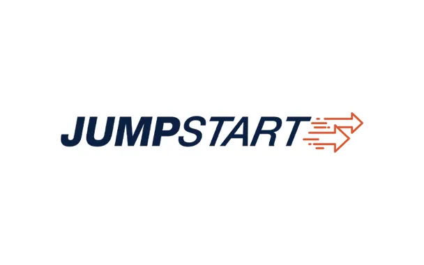 Jumpstart logo with dark blue italicized text and an orange right-pointing arrow symbol composed of three horizontal lines.
