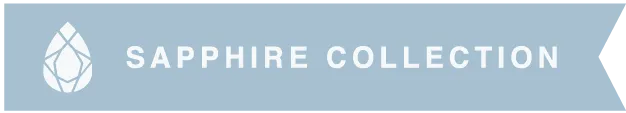 Sapphire Collection logo banner with a geometric teardrop gemstone icon and white text on a blue-gray ribbon background.