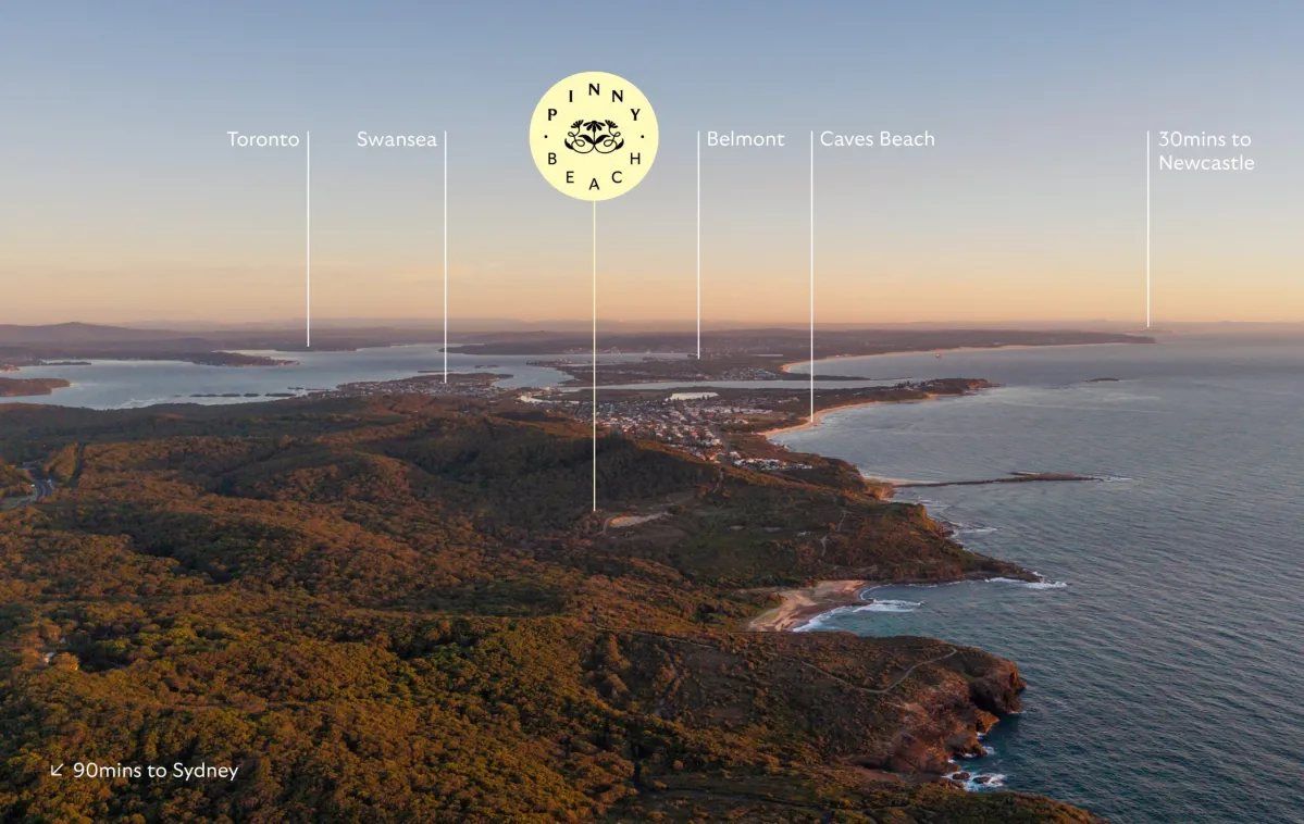 Aerial view of Pinny Beach location with distance markers showing Toronto, Swansea, Belmont, and Caves Beach nearby, plus 30 minutes to Newcastle and 90 minutes to Sydney. Yellow circular logo for Pinny Beach centered at top. Forested coastline with beaches and ocean visible below at sunset.
