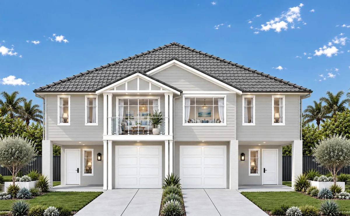 Modern white duplex house with dark tile roof, dual garages, and upper-level balconies overlooking a manicured front lawn with palm trees and coastal landscaping under a bright blue sky.