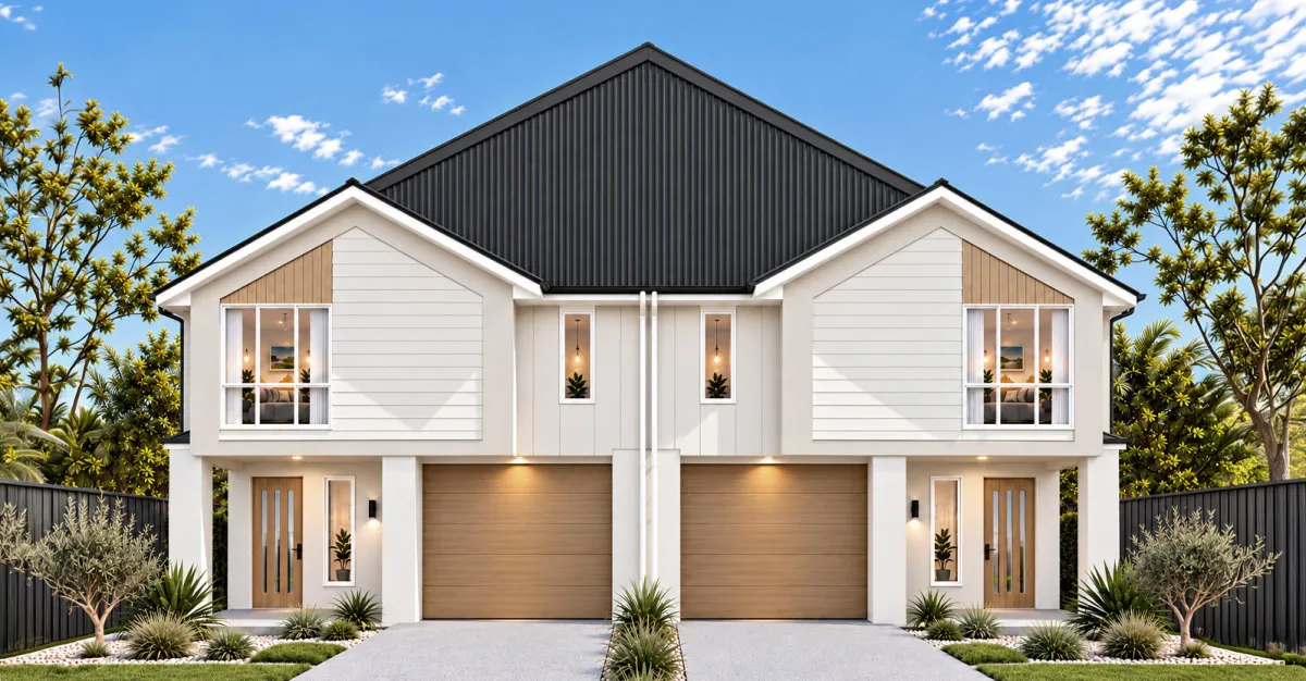 Modern coastal duplex with white exterior walls, black metal roof, and dual brown garage doors. Features large windows, wooden accent panels, and minimalist landscaping with native plants and small trees. Clear blue sky with white clouds visible above.