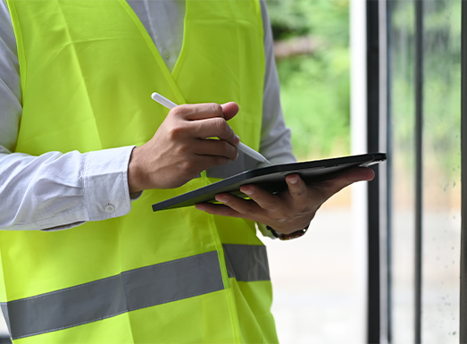 Inspector in high-visibility safety vest holding a tablet and stylus, conducting a site inspection outdoors with a building window visible in the background.