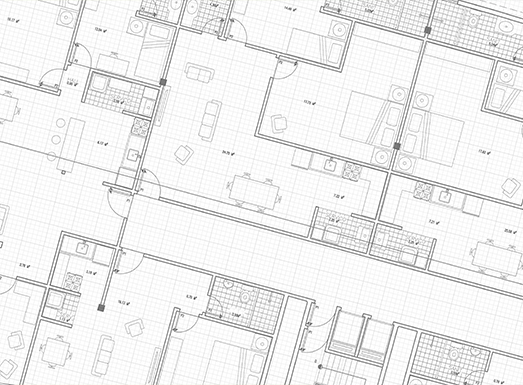 Architectural floor plans showing multiple residential units with room layouts, fixtures, and measurements drawn on a grid background in black and white.