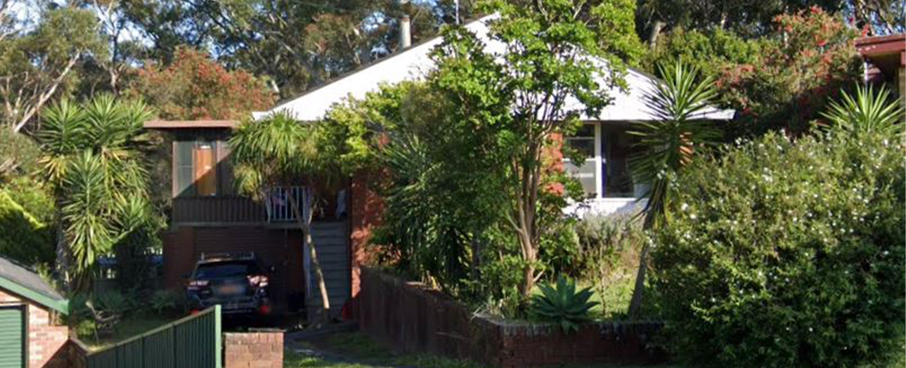 Kirrawee house exterior before renovation, showing a residential property with overgrown vegetation, palm trees, and dense greenery obscuring the front facade and driveway.